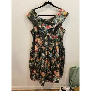 Vintage SL Fashions Floral Portrait Collar Cotton Dress Black Pink Rose Plus 24